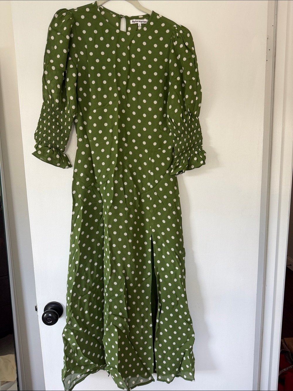 Reformation Olive Green Polka Dot Maxi Dress